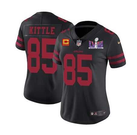 Women%27s San Francisco 49ers #85 George Kittle Black Super Bowl LVIII Patch And 4-star C Patch Vapor Untouchable Limited Stitched Jersey(Runs Small)